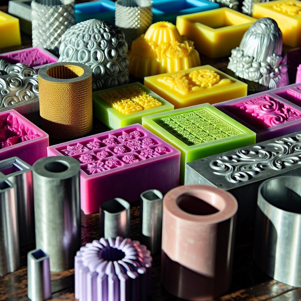 A colorful array of various candle molds displayed on a table, each unique and intricate in design.