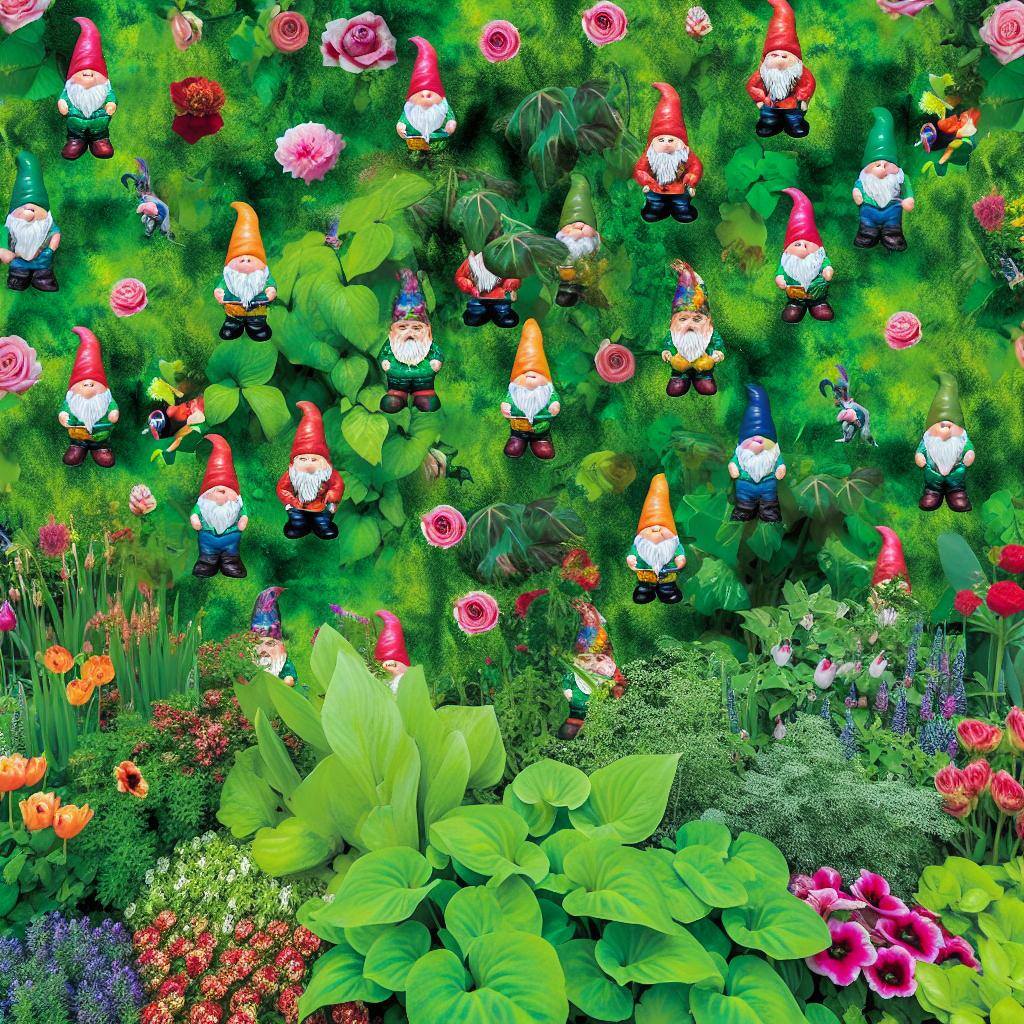 A garden filled with colorful garden gnomes scattered among blooming flowers and lush greenery.