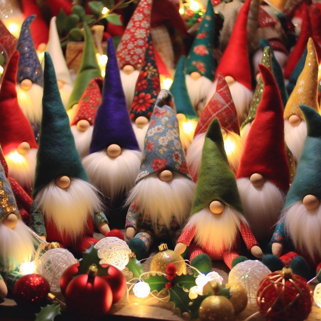 A group of colorful, handmade Christmas gnomes adorning a festive holiday display.
