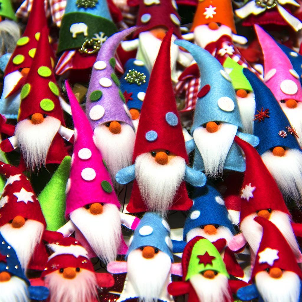 A group of cute and colorful felt gnome ornaments, each with a unique design and festive details.