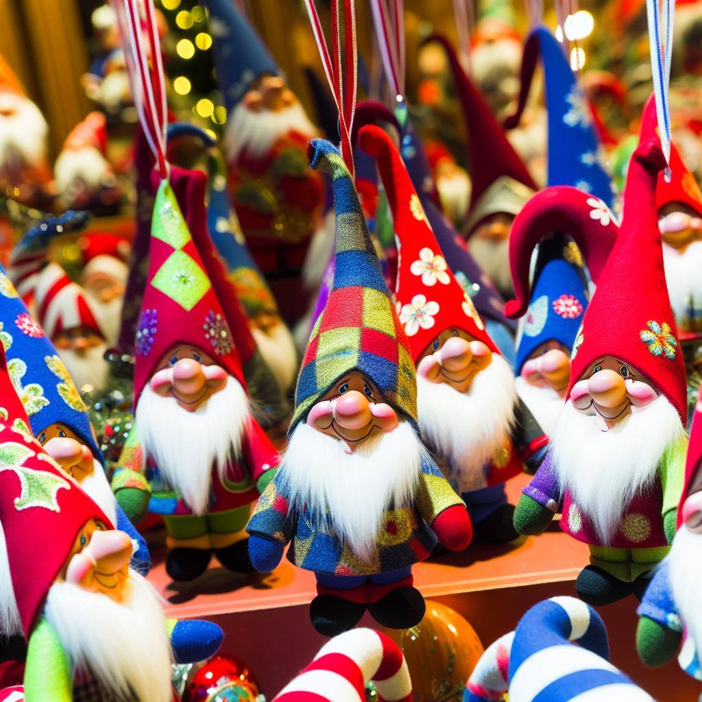 A group of whimsical gnome ornaments, each uniquely crafted with colorful fabrics and playful details, adding a touch of charm to a festive holiday setting.