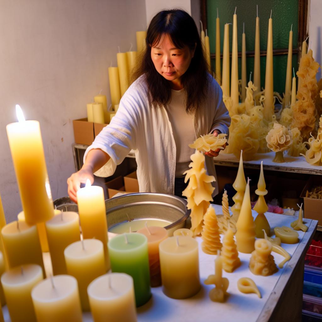 A person carefully selecting from various types of wax for candle making, surrounded by different candles of various shapes and sizes.