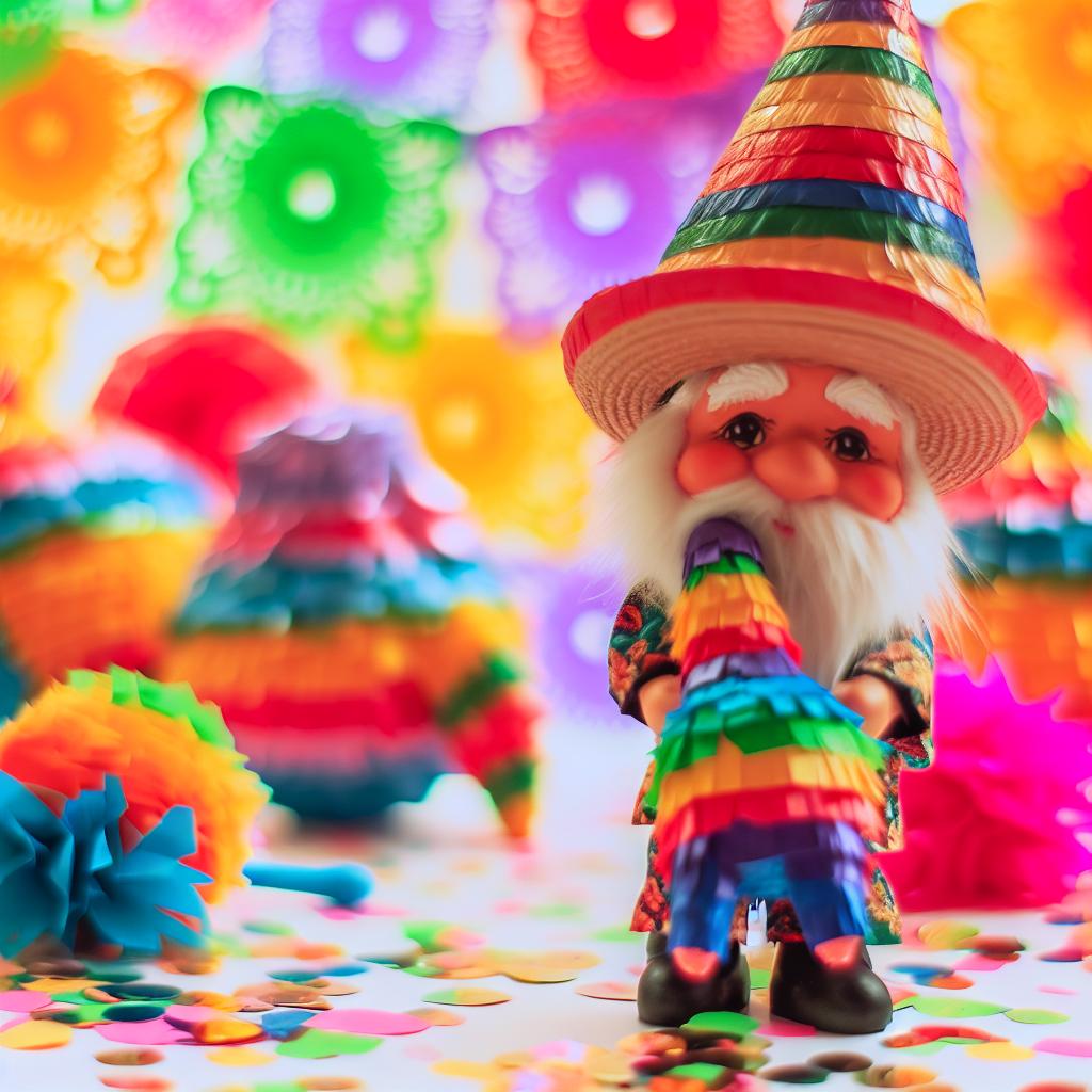 A small gnome wearing a sombrero and holding a miniature piñata, surrounded by colorful paper decorations and maracas.