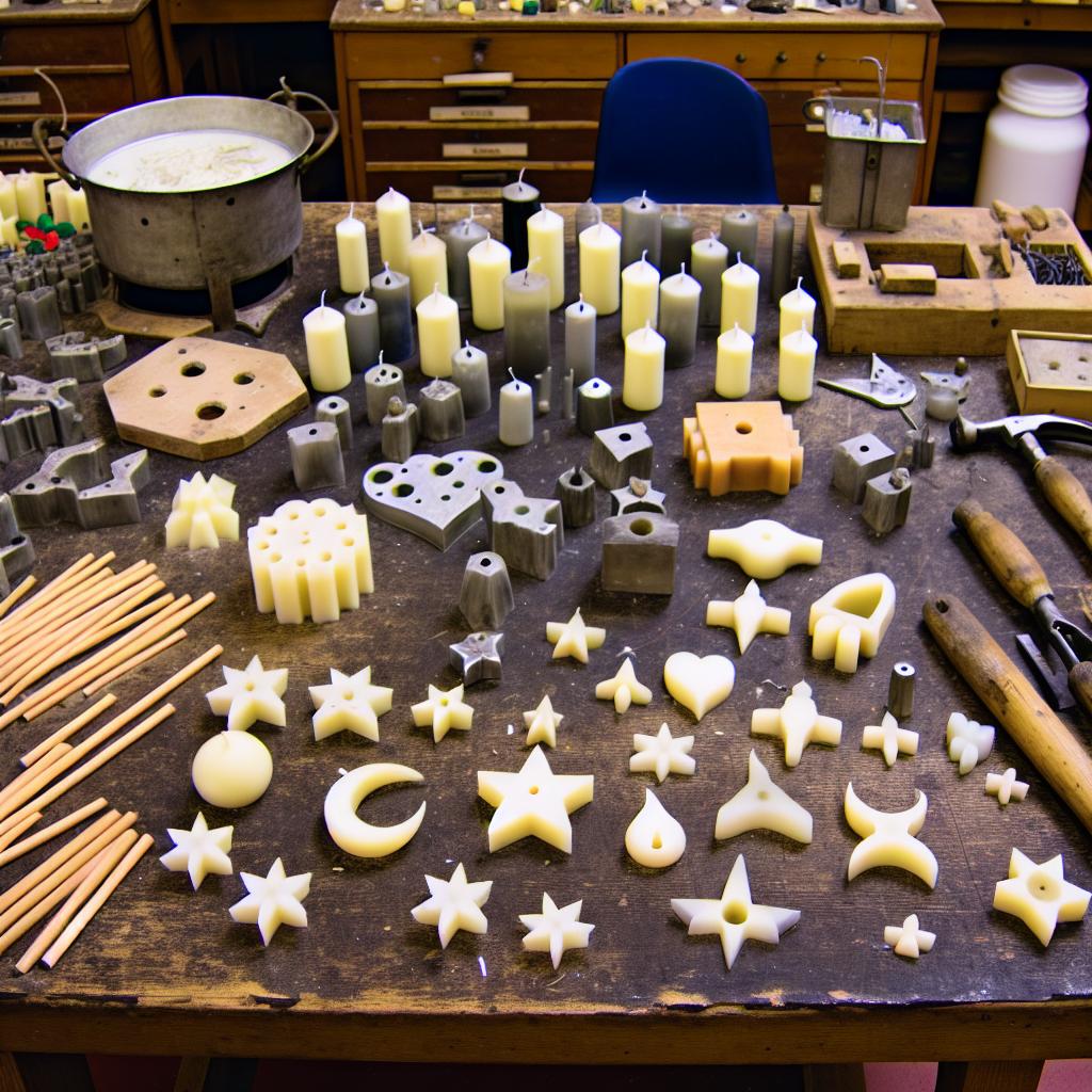 A table covered in various candle molds of different shapes and sizes, with tools and materials scattered around.