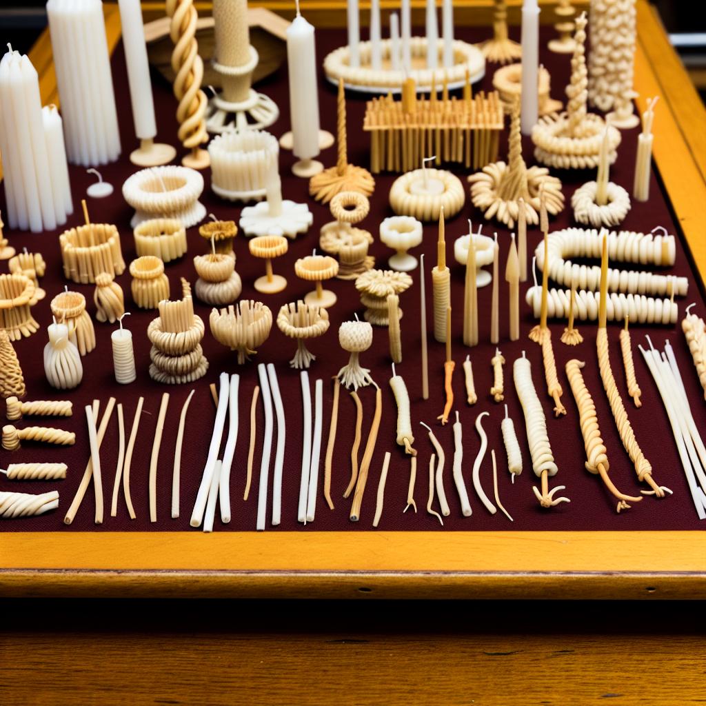 A variety of different candle wicks displayed on a table, each one unique in size, shape, and material.