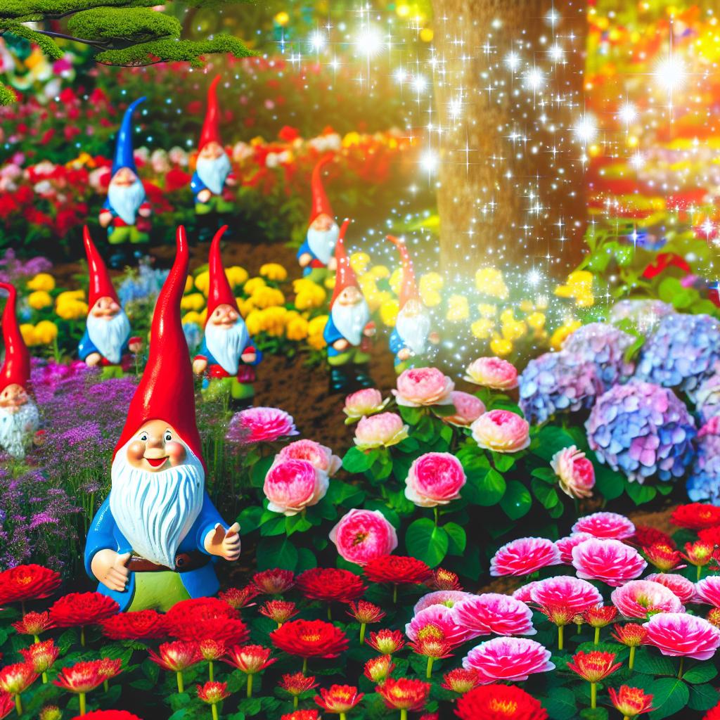 A whimsical garden filled with colorful flowers and charming garden gnomes.