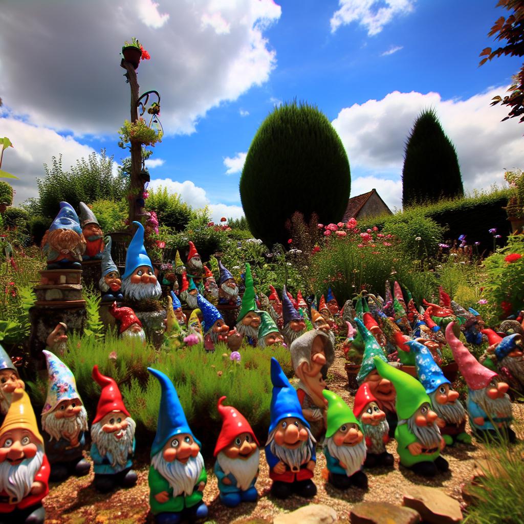 A whimsical garden filled with colorful handmade gnome decorations, each one unique and full of character.